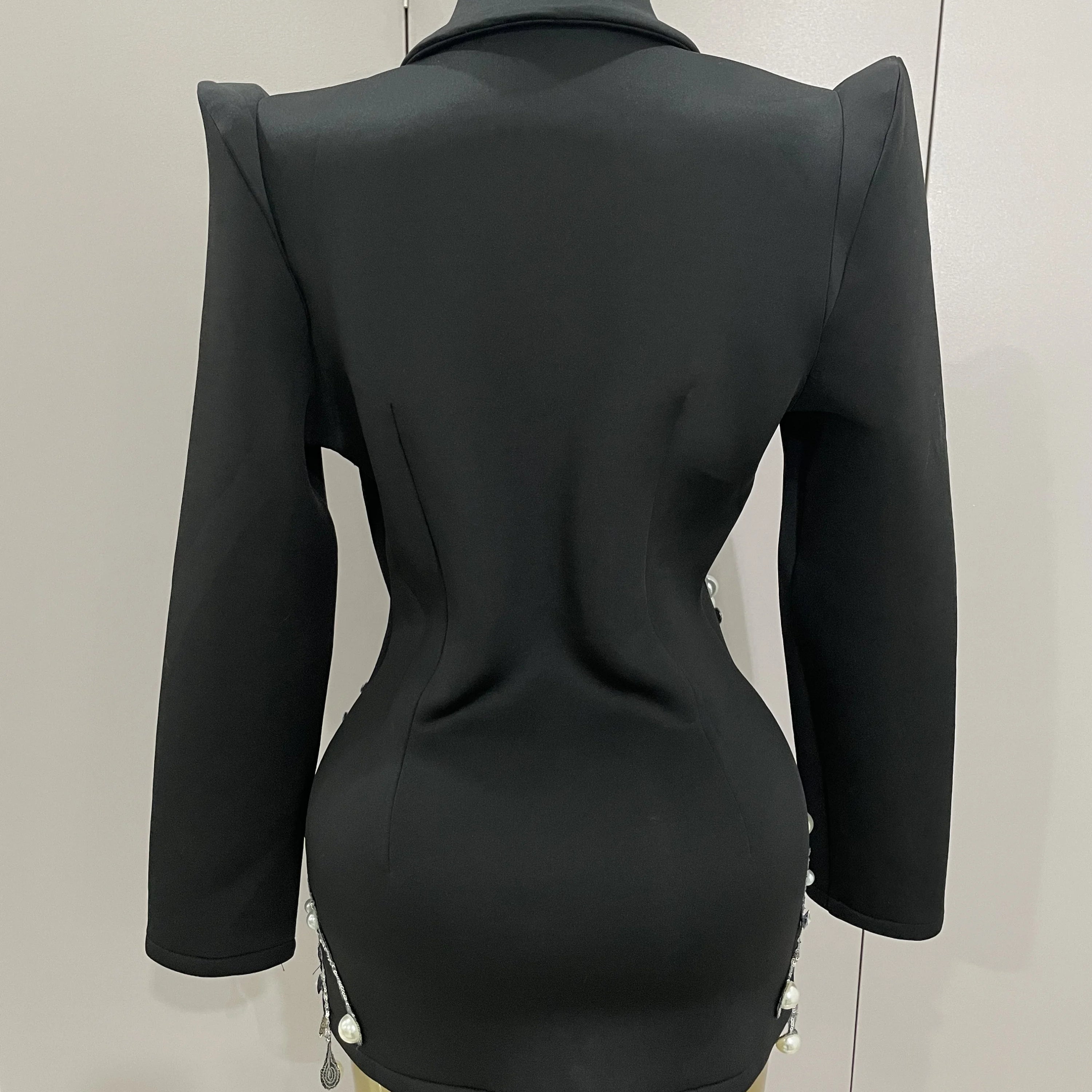 2025 Sparkly Crystal Chains Pearls Long Sleeve Mini Dress Women Birthday Evening Party Nightclub Outfit Singer Wedding Costume