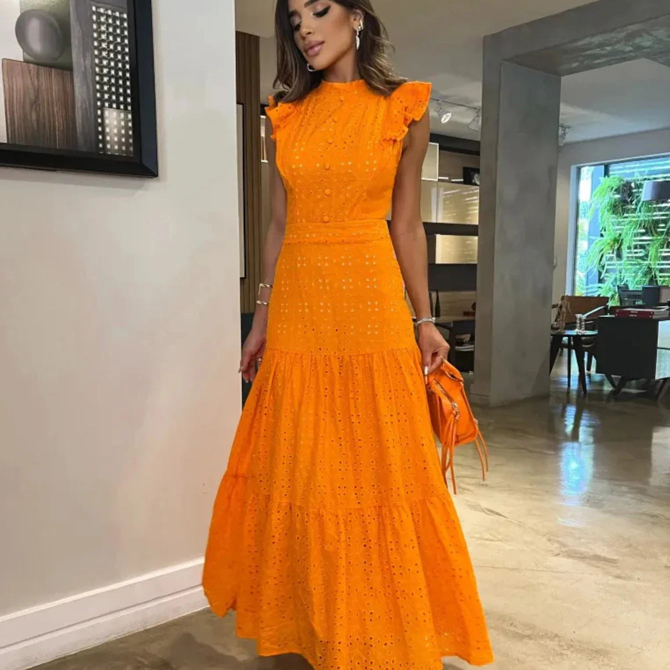 Bohemian Solid Hollow Out Elegant Women Dress O Neck Flying Sleeve Button Long Dress Summer Chic Casual Beach Women Clothing