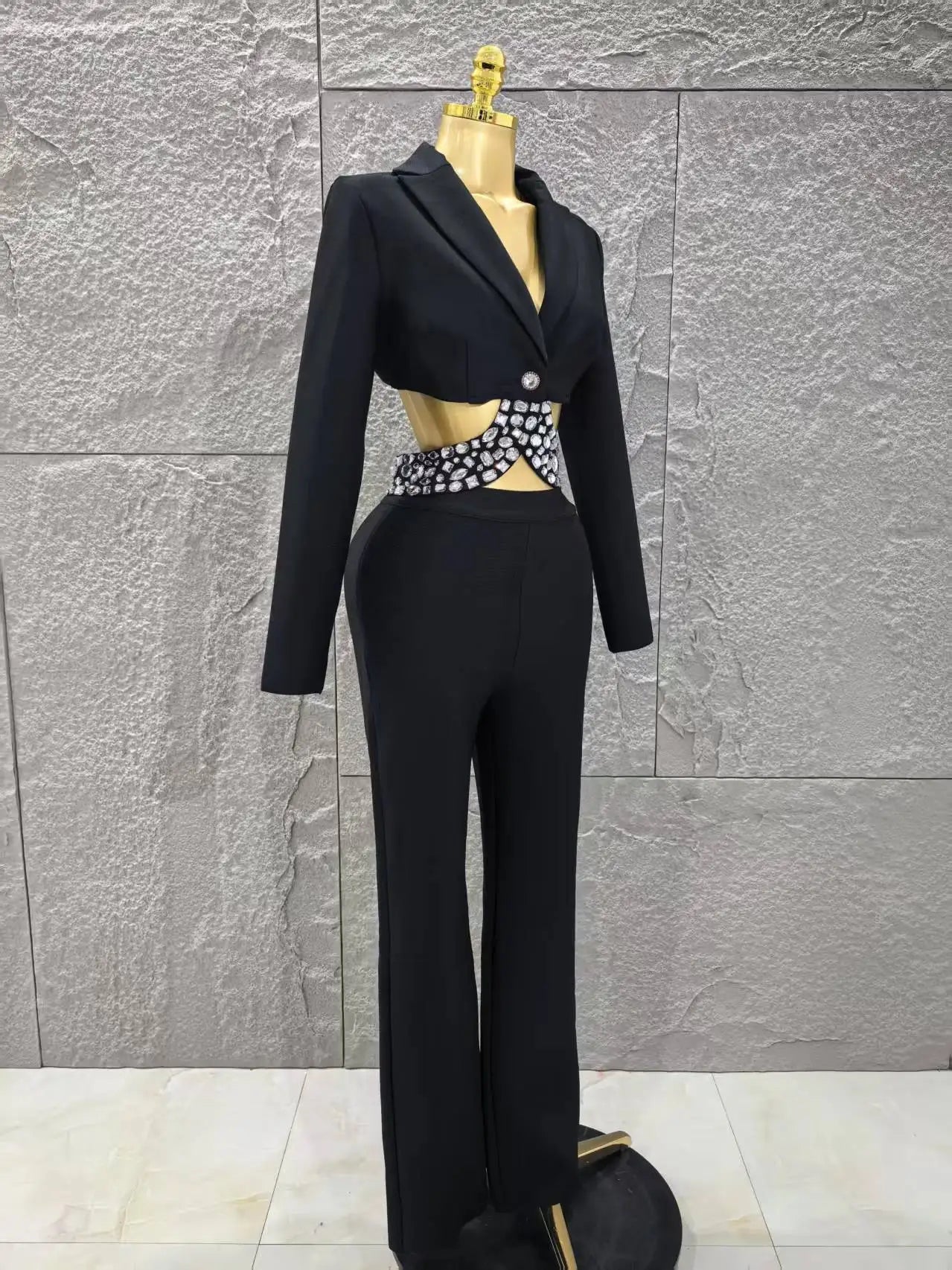 Black White Women Long Sleeve Sexy V-Neck Shinning Crystal 2 Pieces Bodycon Bandage Set Celebrate Evening Party Women's Set