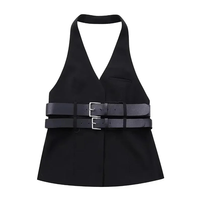Fashion Leather Belts V-neck Halter Vest Women Elegant Sleeveless Backless Female Tanks Y2k Spring Summer Lady Waistcoat black
