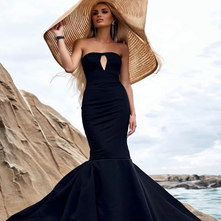 Black Sleeveless Mermaid Bandage Long Dress Sexy Key Hole Open Back Floor Length Court Train Gown Evening Party Wear