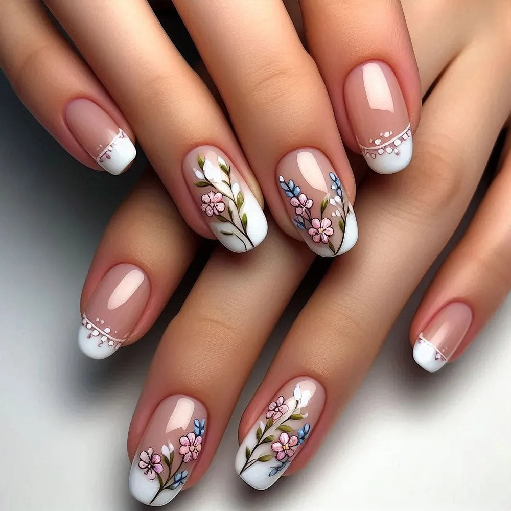 24Pcs Simple Almond Press on Fake Nails with Jelly Glue Fresh Flowers Design French Summer Fashion Acrylic oval Fake Nails Tools 2