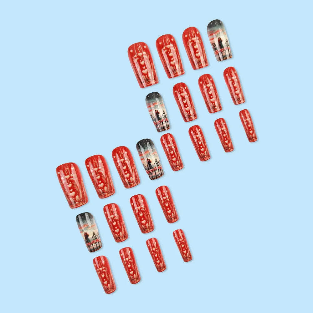 24pcs Romantic Valentine's Day Press on Nails Pink Love Couple False Nails Wearable Spicy Girl Square Head Fake Nails for Women
