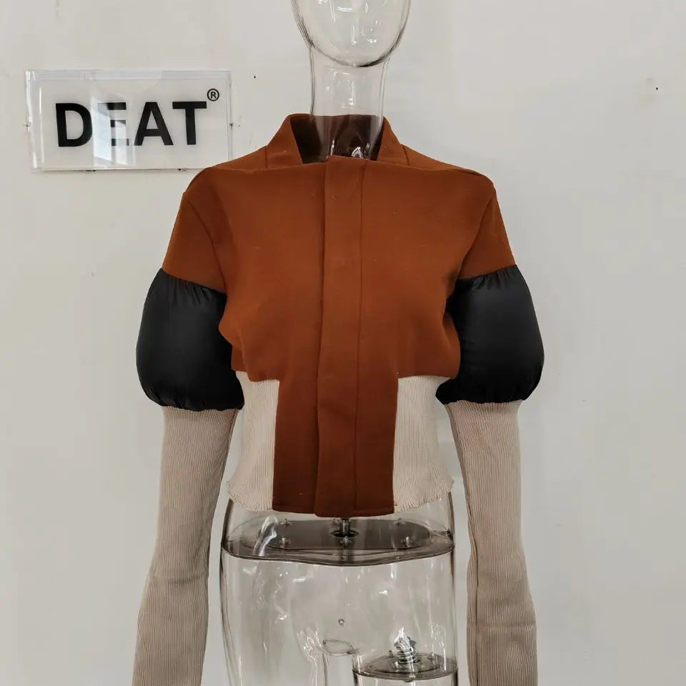 DEAT Fashion Women's Color Block Jackets Long Sleeve Zipper Collarless Slim Short Patchwork Short Coat Spring New 7AB3106 Brown