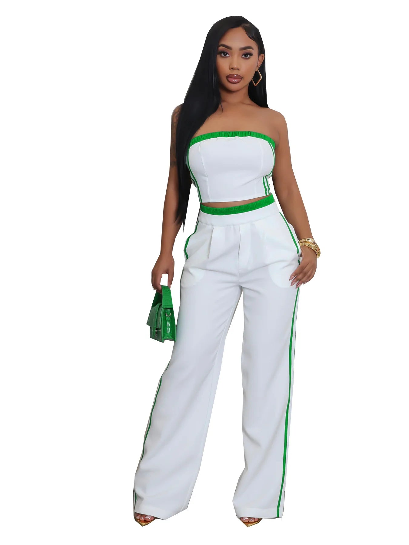 2025 Women's Set Sleeveless Ribbon Strapless Tops + Wide Leg Pants Fitness Streetwear Two 2 Piece Sets Outfits Tracksuit White