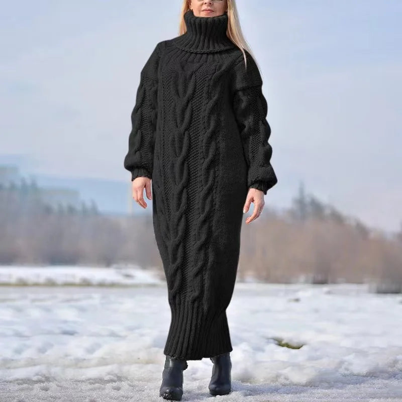 Autumn Winter Solid Color Turtleneck Pullover Women Twisted Loose Knitted Sweater Long Dress Sweater For Female Oversize black LYQ273