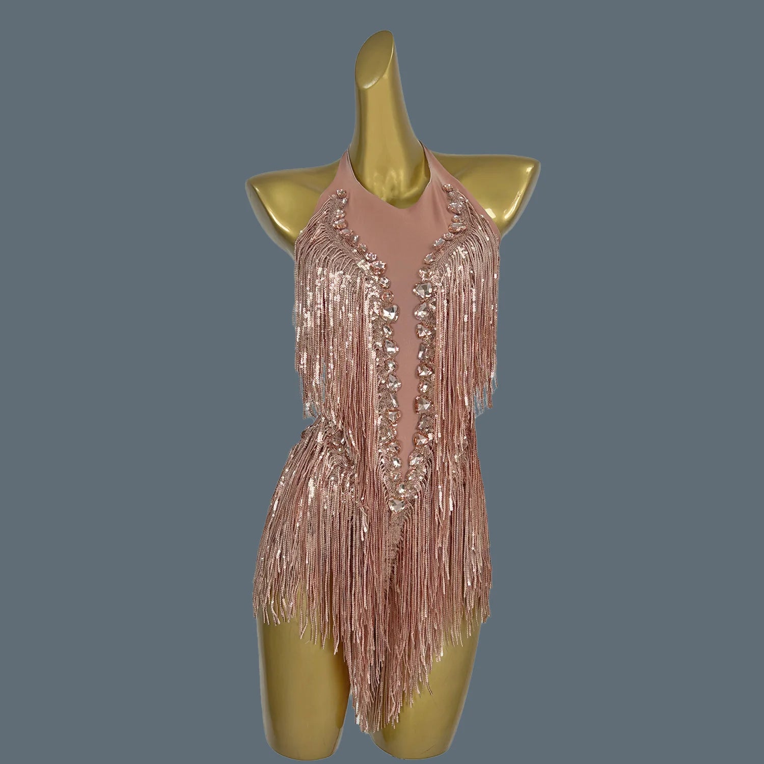 Sparkly Gold Rhinestone Tassel Tight Fit Bodysuit Women Dance Outfit Nightclub Bar Performance Costume Stage Wear Shuye Champagne One Size