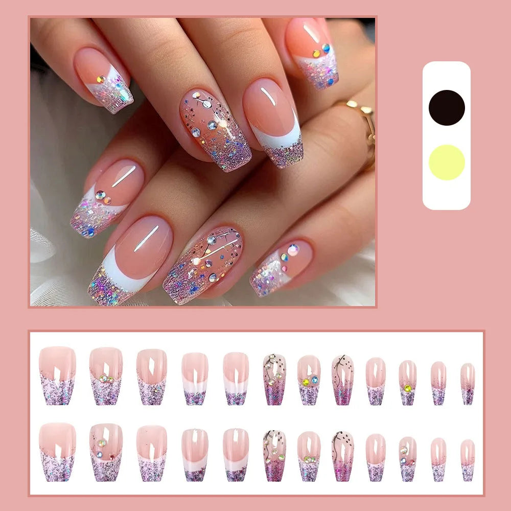 24pcs/set Short Medium fake nails for women girls gradient shiny glitters heart french Square almond tips Press on false nail 2343