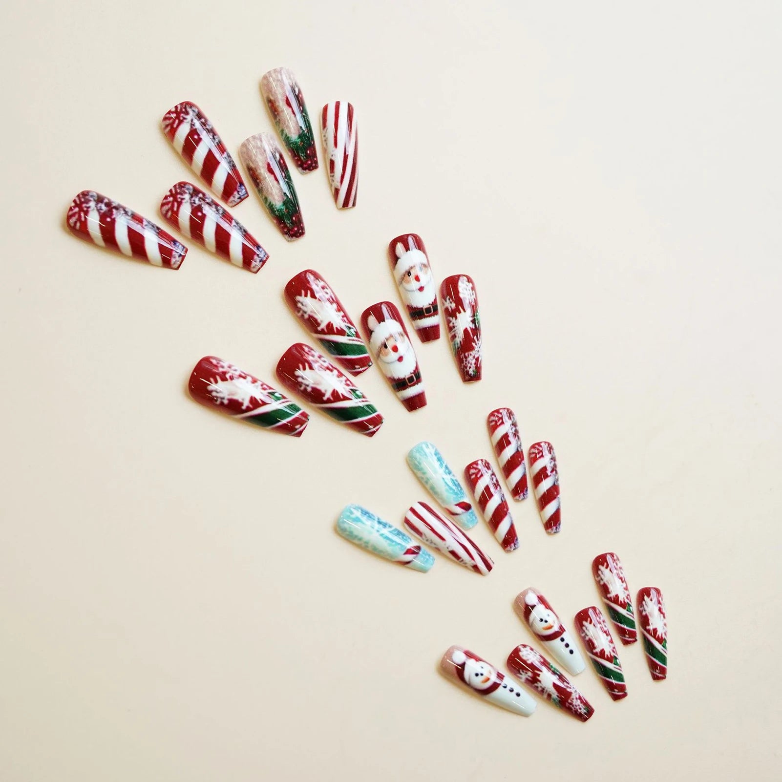 Long Coffin Fake Nails for Christmas Party 24Pcs Red Striped Printed Press On Nails with Santas/Snowman/Snowflake Designs