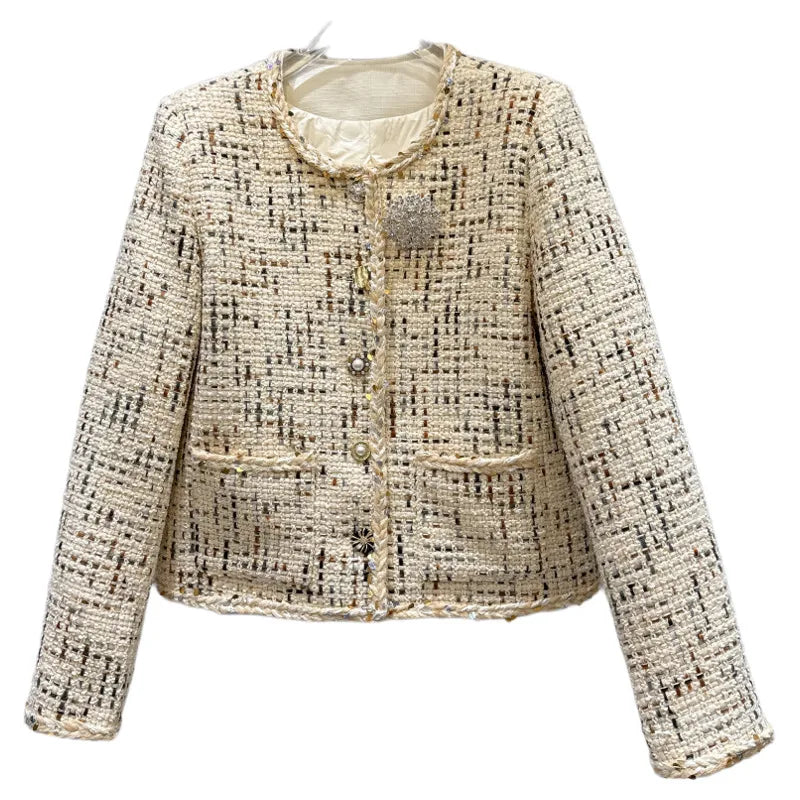 Winter New Fashion Rhinestone Brooch Knitted Tweed Cotton Jacket For Women Elegant Short Coat Female Trendy 11A07869