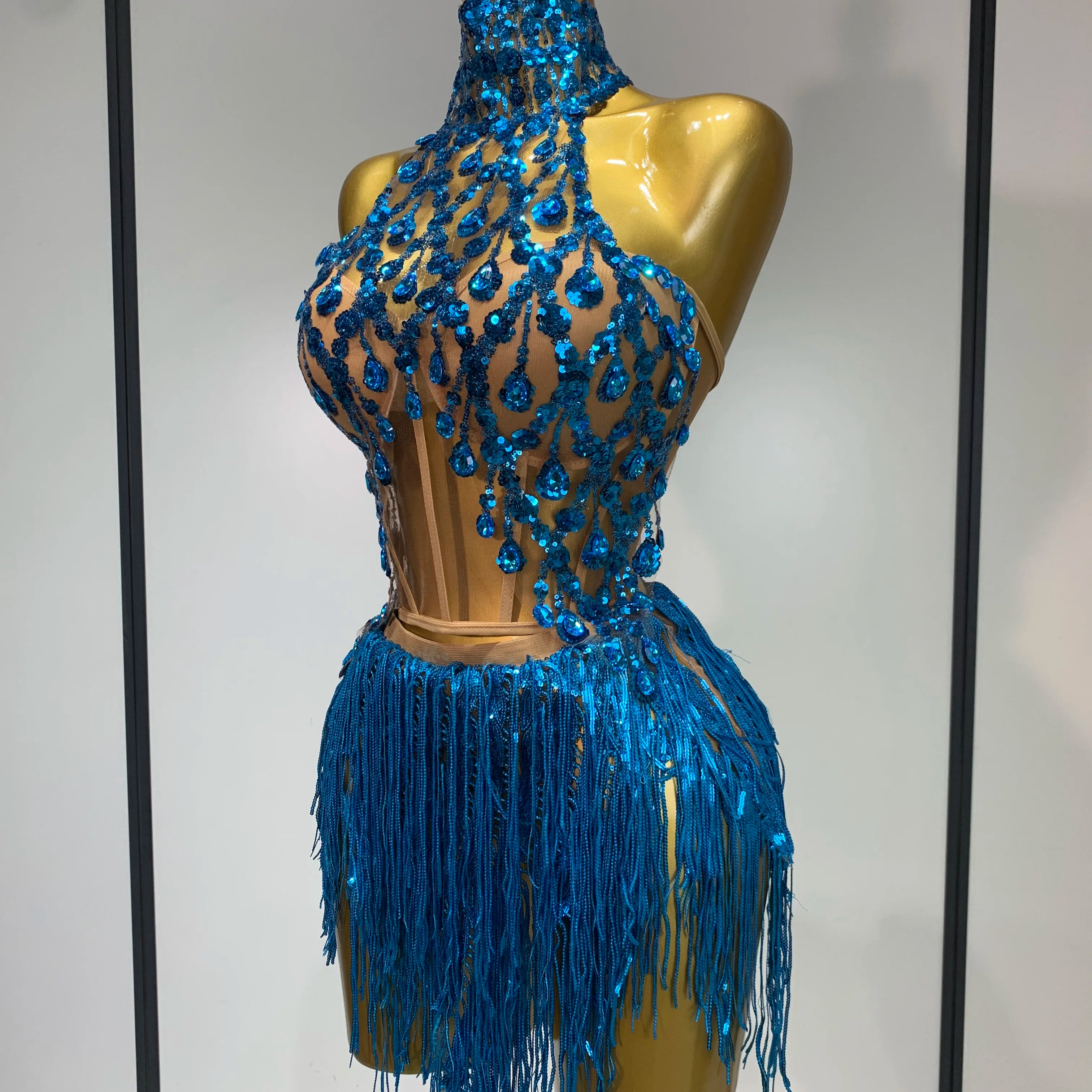 Women Sexy Shinning Rhinestone Tassels Two Pieces Set Nightclub Evening Party Birthday Bar Dancer Performance Stage Costume