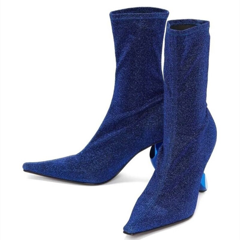 Spring and Autumn Women's New Metal Shaped High Heels Fashion Pointed Short Boots Sexy Model Show Large Women's Boots