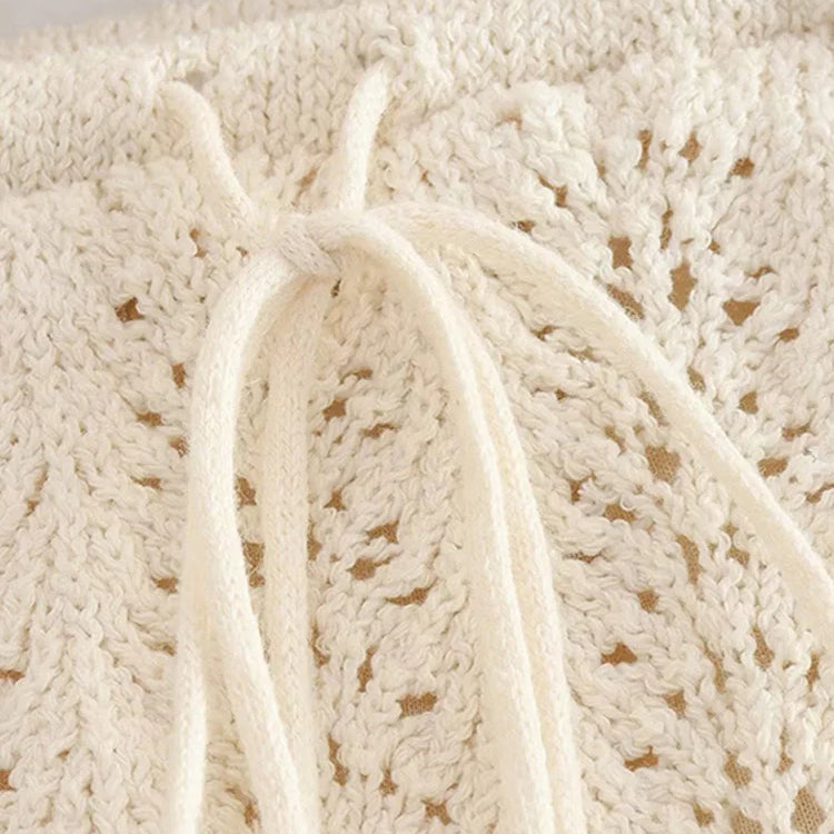 Women Knit Mesh Jacquard Skirts Sets Sweet Hollow Out O-neck Sleeveless Vest Top Summer A-Line Drawstring Mini Skirt Outfit