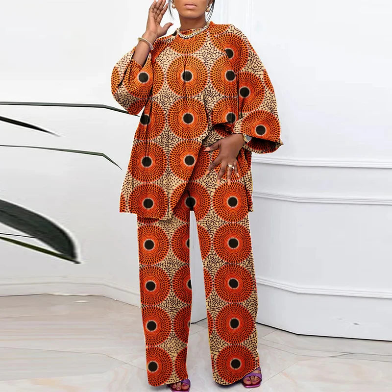 Plus Size VONDA Bohemian Style Printing Outfits Women Elegant Tops Sets O-neck Long Sleeve Casual Loose Two Piece Suits Holiday Orange