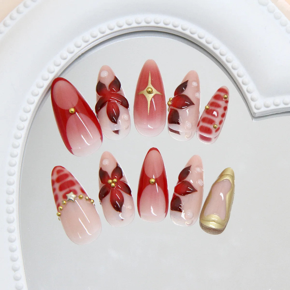 24pcs Sweet Cool Press on Nails with Red Flower Print Y2k False Nails for Girl Wearable Detachable French Almond Fake Nail Tips