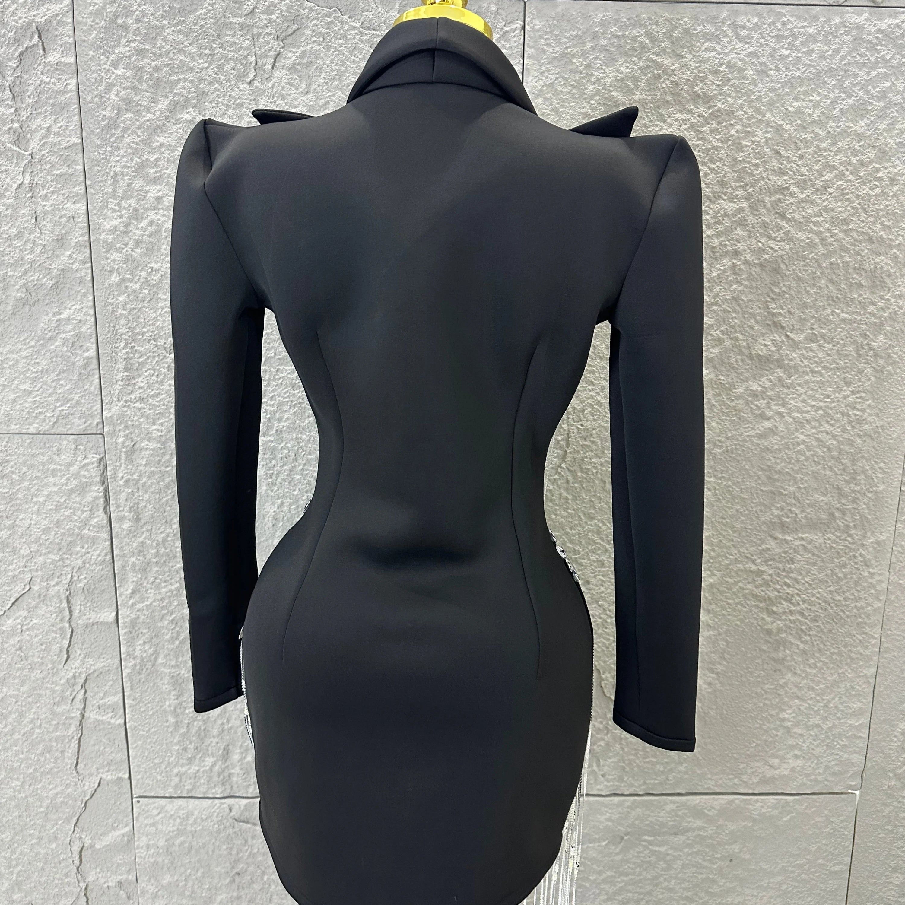 Luxury Black Blazer Mini Dress Deep V Neck Silver Crystal Beaded Butterfly Long Tassel Formal Evening Cocktail Gala Party Gown