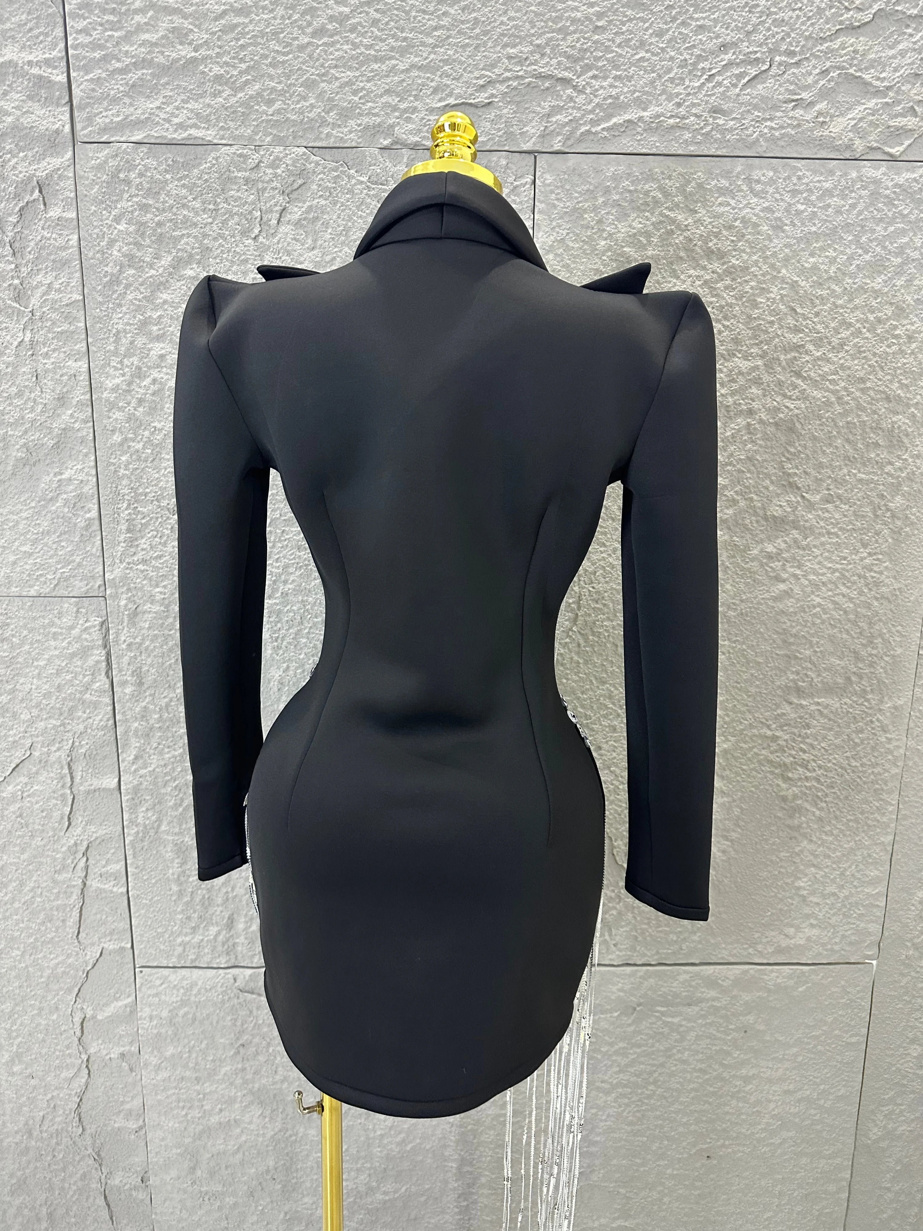 Luxury Black Blazer Mini Dress Deep V Neck Silver Crystal Beaded Butterfly Long Tassel Formal Evening Cocktail Gala Party Gown