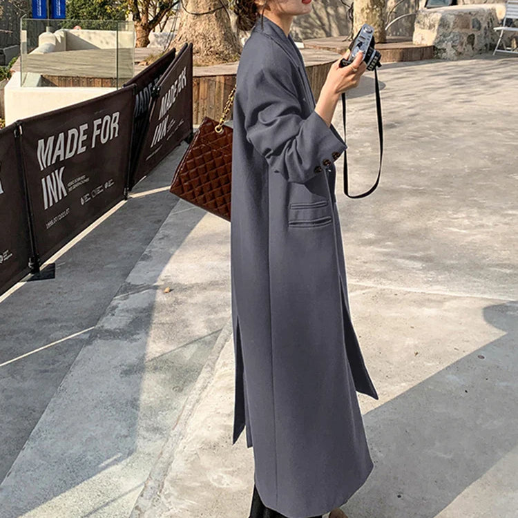 Autumn Long Coffee Flowy Blazer Coat Women with Back High Slit Double Breasted Loose Casual Korean Fashion Overcoat 2024 Gray