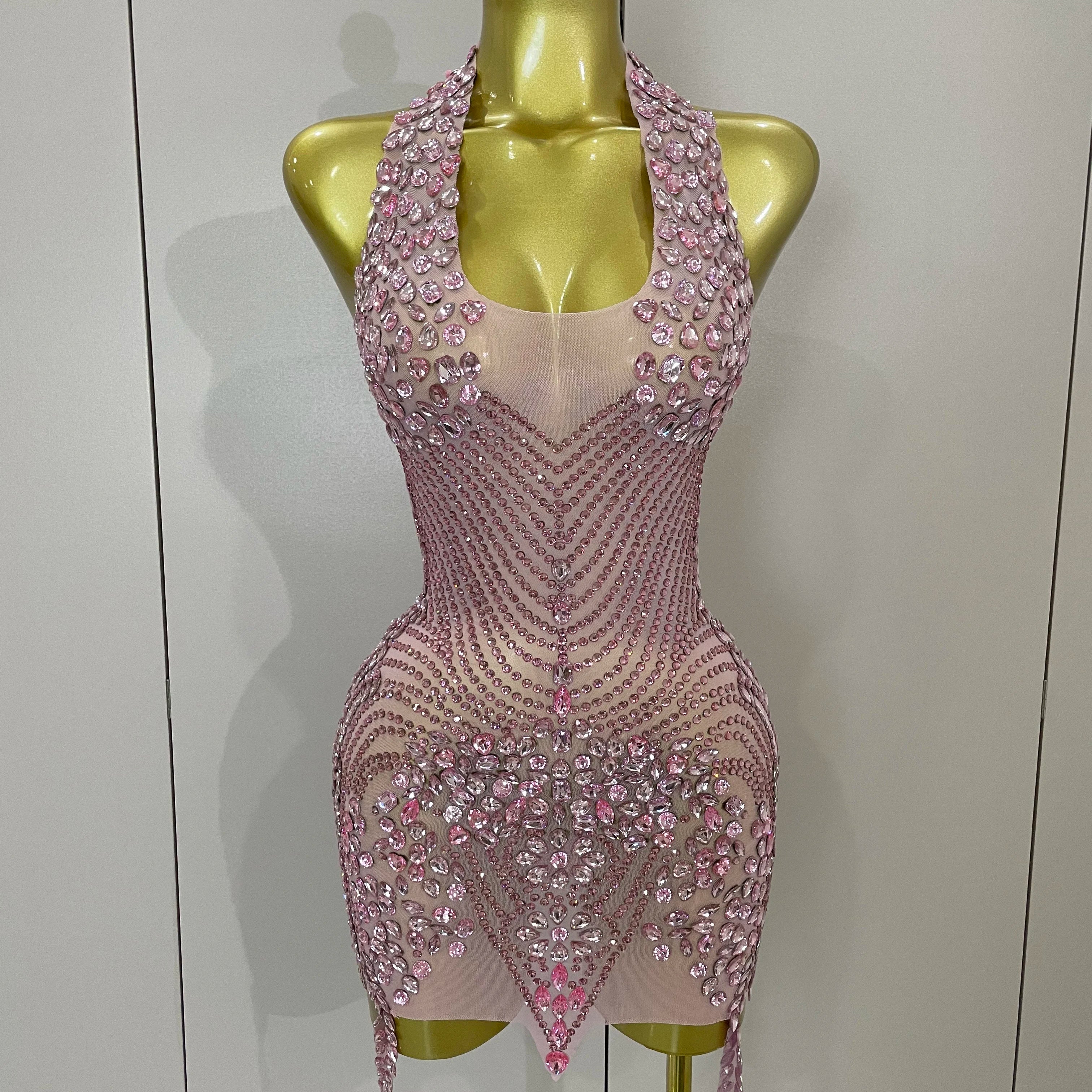 2025 New Sexy Sparkly Rhinestones Halter Backless Mesh Velour Short Dress Women Evening Prom Celebrate Birthday Party Stage Wear Pink