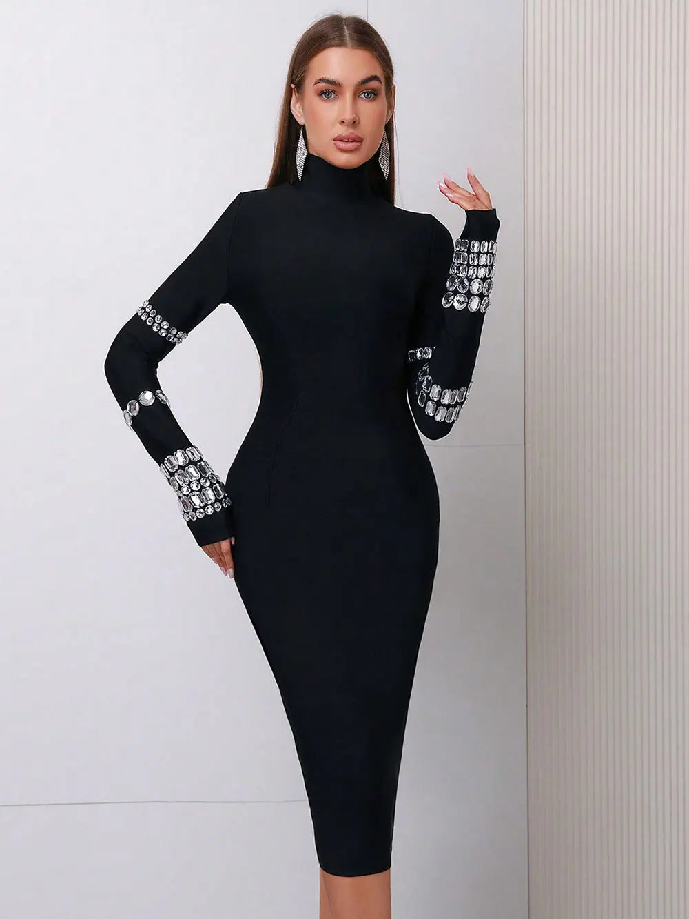 2025 Elegant Women's Bead Design Bandage Dress High Neck Long Sleeve Bodycon Flute Dress Cocktail Evening Party Vestidos