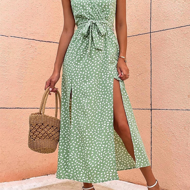 Summer Floral Print Long Dress Sexy Backless Bandage Slit Beach Sundresses