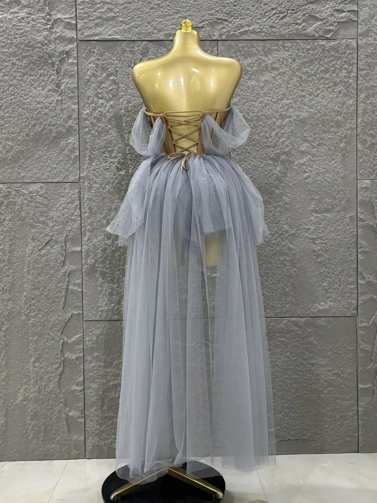 STOCK Women Sexy Strapless Laced-up Mesh 2 Pieces Long Maxi Dress Celebrate Evening Party Birthday Prom Outfit