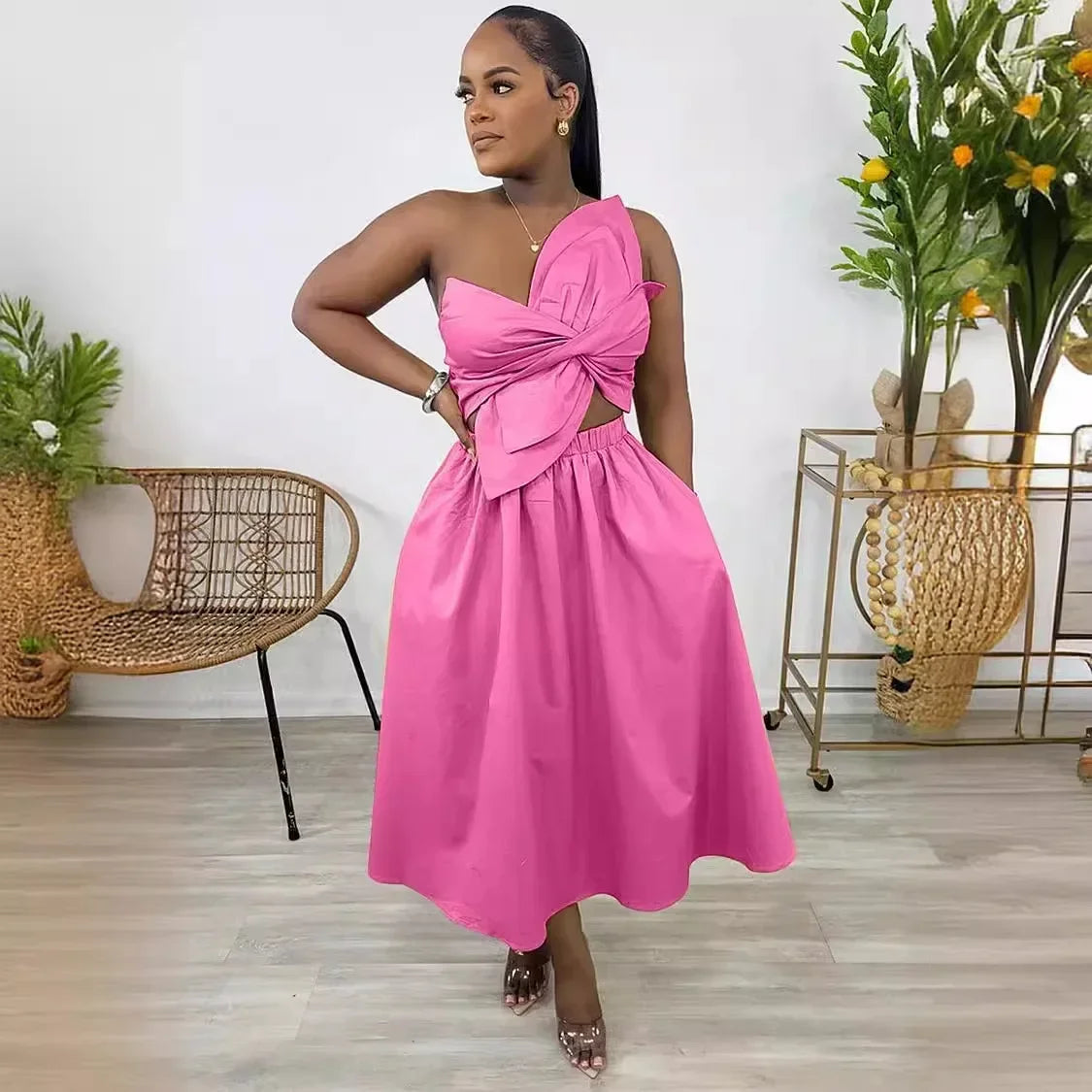 Women Big Petal Front Strapless Midi Long Dress 2024 Summer Street Vestidos Sexy Party Evening Chic Big Swing Dresses