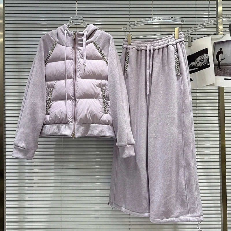 Winter New Fashion Rhinestone Hooded Patchwork Cotton Sweatshirt Fleece-Lined Wide-Leg Pants Set For Women 11A07920 Light Purple