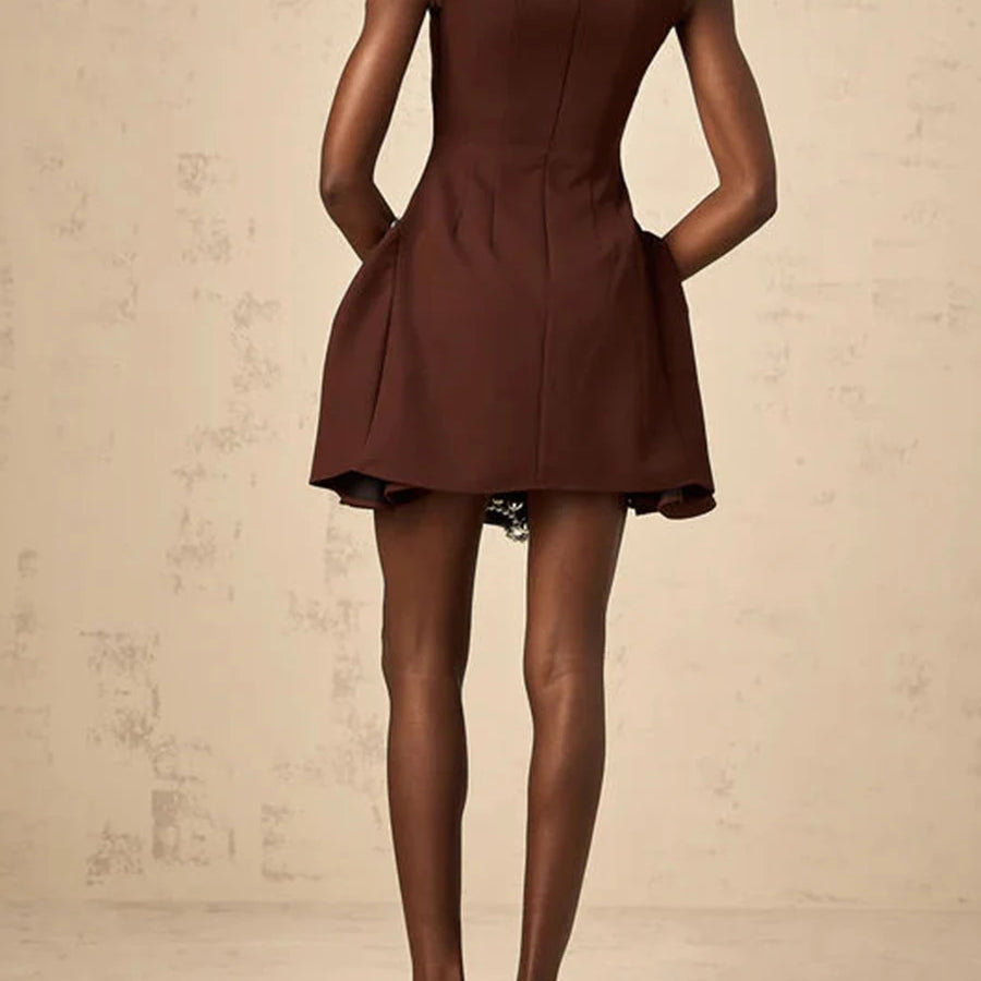 Solid Slimming Elegant Mini Dresses for Women Round Neck Sleeveless Patchwork Folds Tunic Dress Female Clothing New