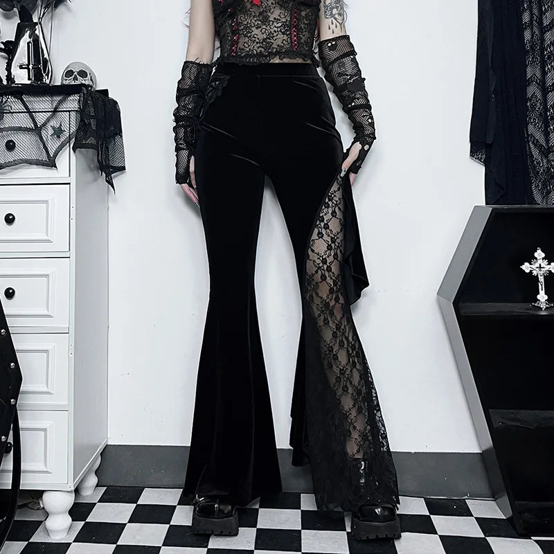 Y2K Gothic Black Lace Mesh Flared Pants Sexy Harajuku Aesthetic See Through Long Trousers Vintage Women Summer Pants Streetwear