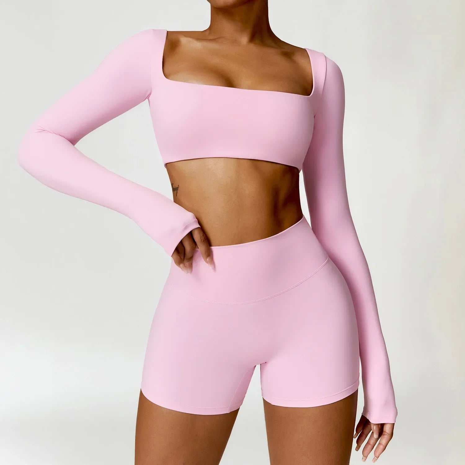 Women Tracksuit Yoga Set 2PCS Sportswear Workout Clothes Athletic Wear Gym Legging Fitness Bra Crop Top Long Sleeve Sports Suits Pink Set-3
