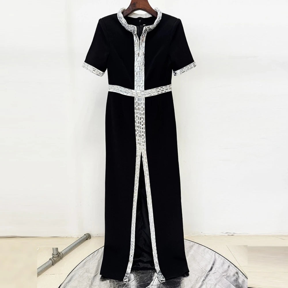 Solid Spliced Bead Elegant Dresses for Women V Neck Short Sleeves High Waist Patchwork Split Long Dress Female New