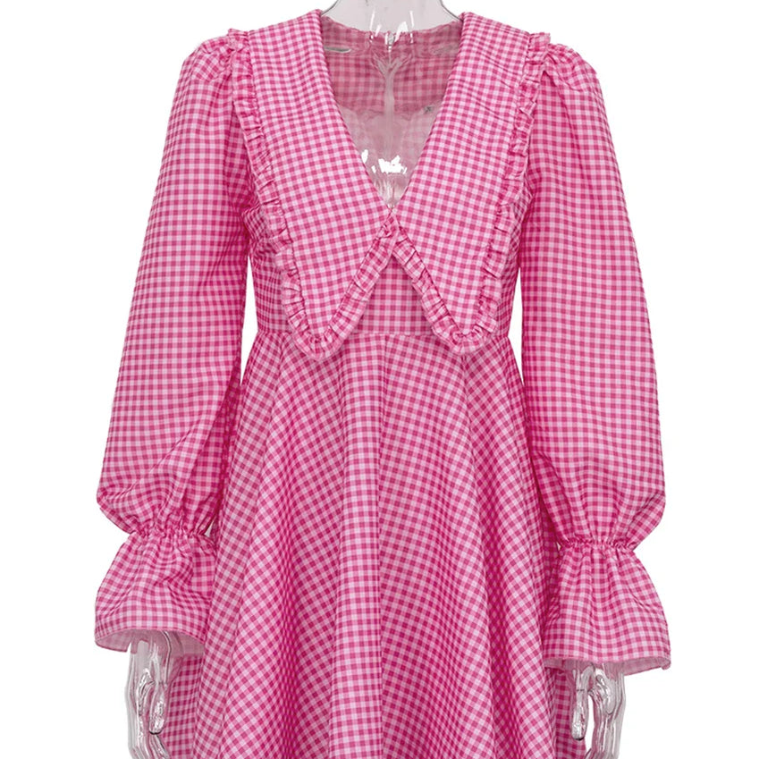 Clacive Sexy Deep V-Neck Print Women'S Dress Fashion Doll Collar Lantern Sleeve Mini Dresses Elegant Pink Pleated Female Dress