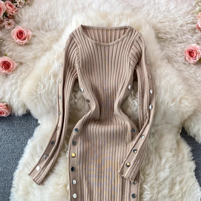 Winter Women's Knitted Sweater Dresses O-Neck Long Sleeve Slim Side Double Row Buckle Hip Wrap Dress Ladies Sheath Dress Autumn