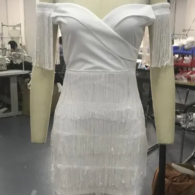 New Winter Women Solid Slash Neck Sleeveless Dress Empire Tassel Sheath Mini Dress Sexy Night Club Wear Bandage Dresses LZR3399