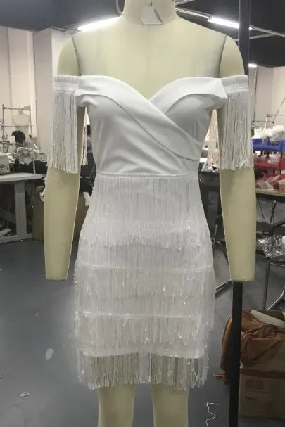 New Winter Women Solid Slash Neck Sleeveless Dress Empire Tassel Sheath Mini Dress Sexy Night Club Wear Bandage Dresses LZR3399