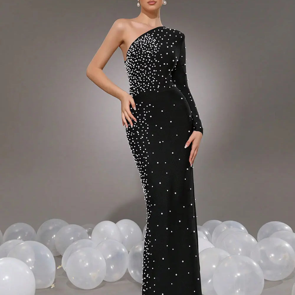 2025 Elegant Women Light Luxury Nail Bead Bandage Dress with Slant Neck Single Shoulder Sleeve Bodycon Black Long Dress Vestidos
