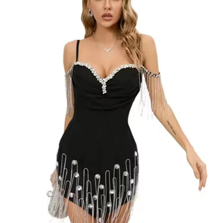 Women Celebrity Sexy Off Shoulder Diamonds Crystal Sparkly Black Bodycon Bandage Dress 2024 Elegant Evening Club Party Dress