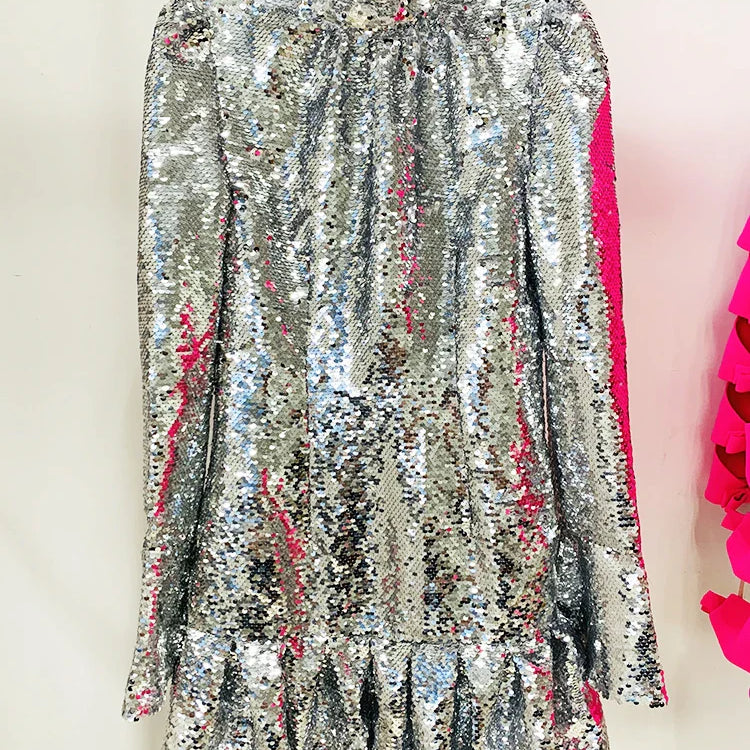HIGH STREET Newest Fashion Designer Dress Women's Long Sleeve Glitter Sequined Ruffles Dress Silver