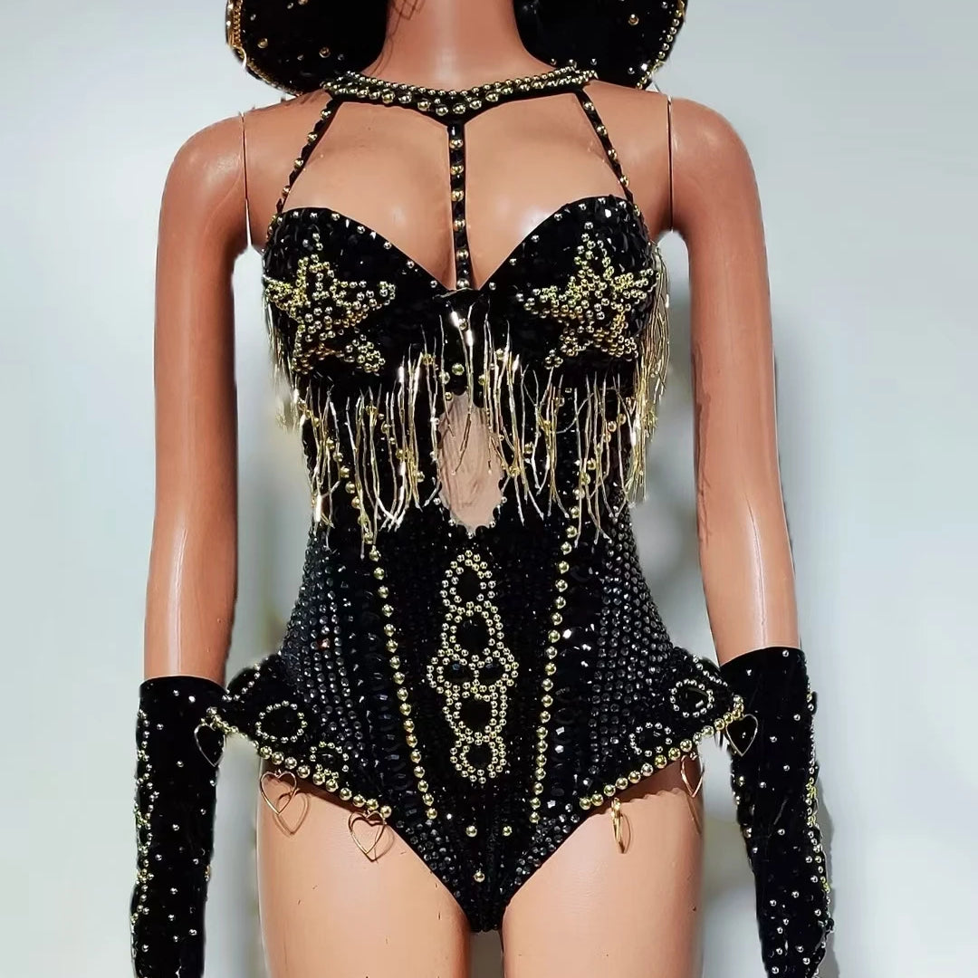 Luxury Women Crystals Tassel Bodysuit Set Cowboy Night Party Jumpsuit Stage Show Outfit Festival Celebrate Sexy Wear Hongding