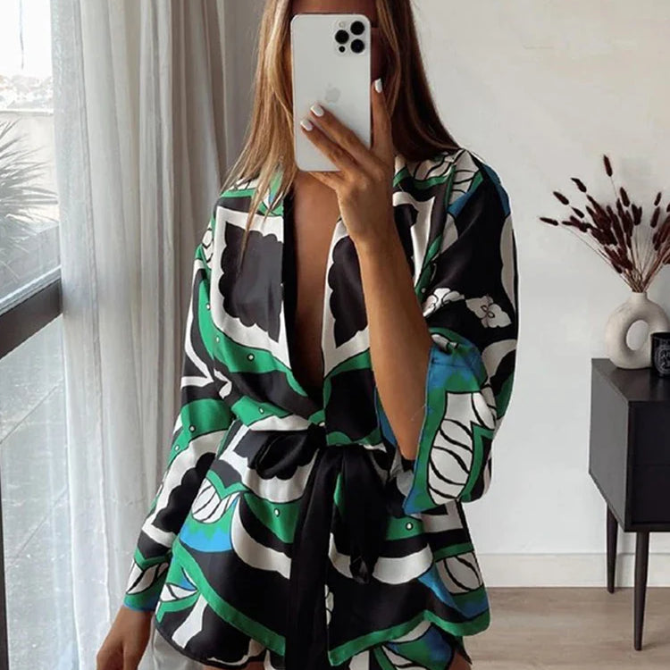 Foridol Oversized Green Print Boho Women Shorts Sets Shirts Shorts Pants Three Pieces Fashion Suits Matching Sets Summer
