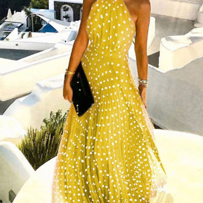 Summer Women Boho Polka Dot Print Chiffon Pleated Maxi Dress - New Femme Sleeveless Maxi Boho Vacation Outfits Lady Clothing Yellow