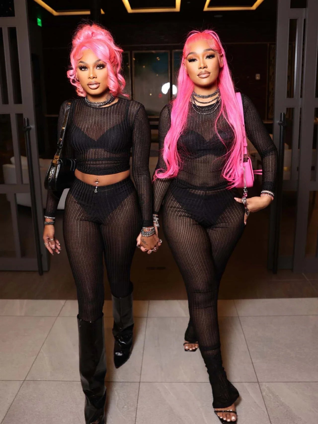 CM.YAYA Fashion See Though Women's Set Long Sleeve T-shirt and Flare Pants 2024 Active Street Two 2 Piece Sets Outfits Tracksuit Black