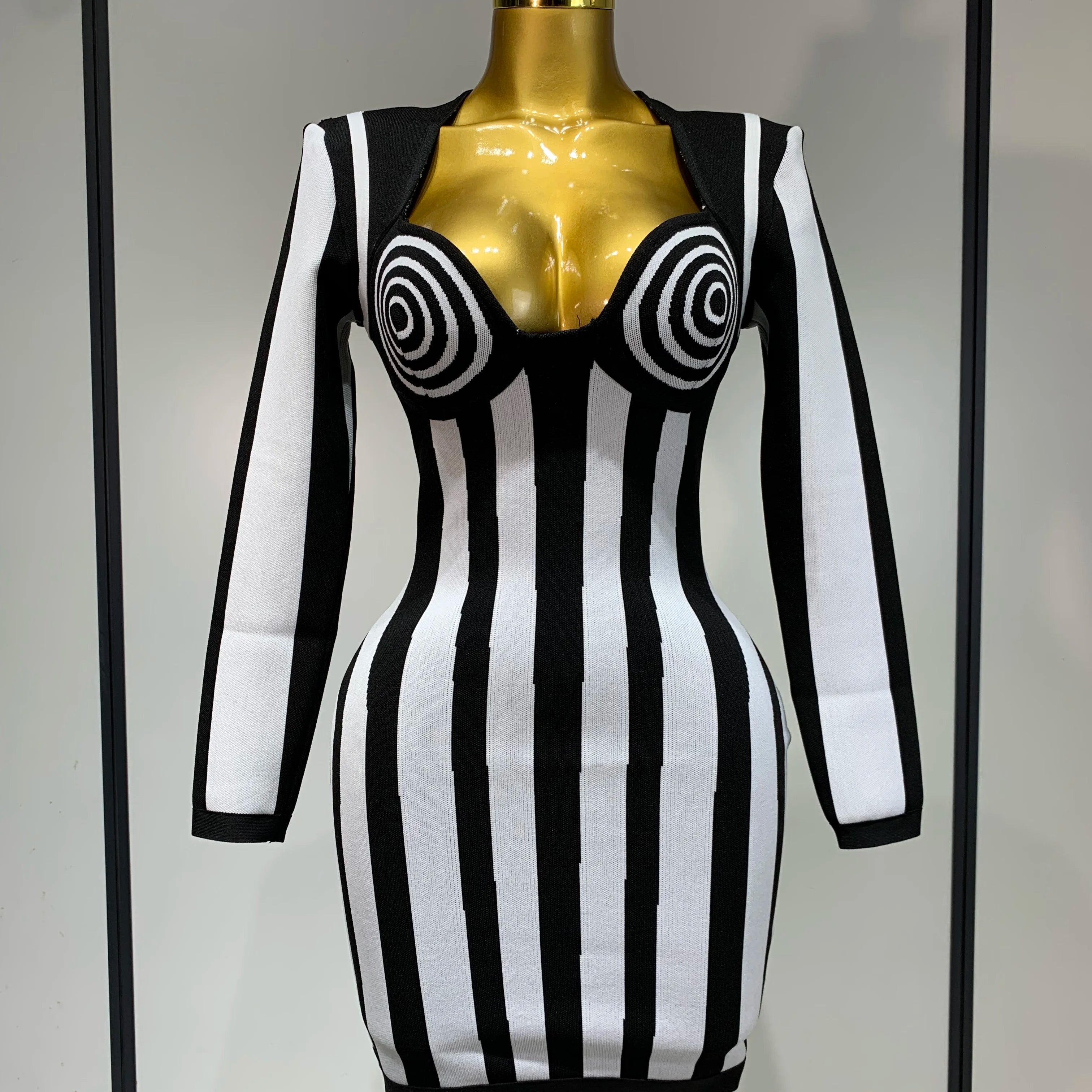 WomenLuxury Sexy Long Sleeve Stripe Black White Mini Bandage Dress 2025 Knitted Celebrity Elegant Evening Club Birthday Dresses black