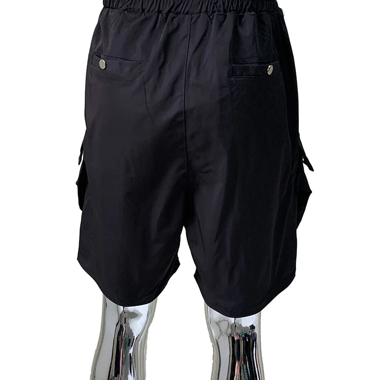 Lautaro Summer Autumn Black Cargo Shorts for Men High Elastic Waist Drawstring Pockets Loose Casual Short Straight Pants Clothes