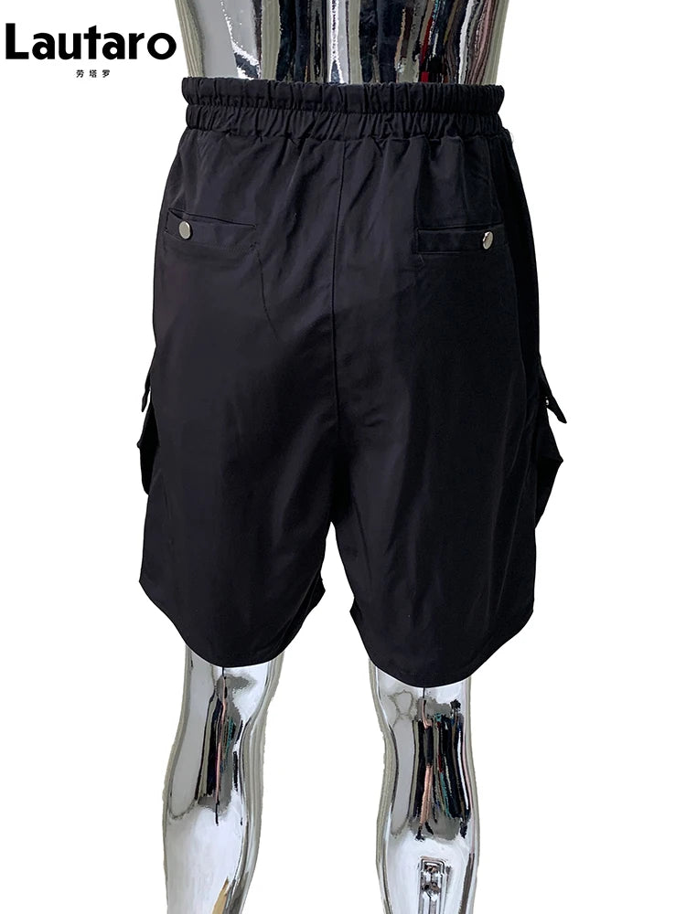 Lautaro Summer Autumn Black Cargo Shorts for Men High Elastic Waist Drawstring Pockets Loose Casual Short Straight Pants Clothes