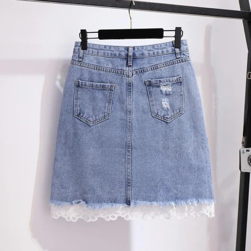 Women's Skirt Ripped Skirts for Woman Lace Clothes with Pocket Blue Patchwork Premium Luxury New in Harajuku Korean Style A Line