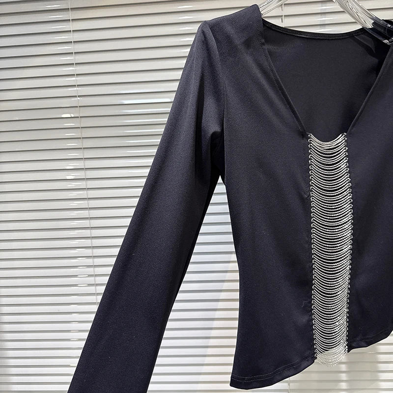 Winter New Fashionable Style V-Neck Beaded Tassel Design Long Sleeve T-Shirt For Women Versatile Tops Female 11A07950