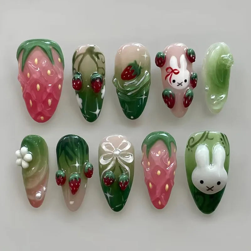 24Pcs Cute Rabbit Design Press on Nails Red Strawberry Pattern Wearable False Nails Mid-length Almond Full Cover Fake Nail Tips 2060
