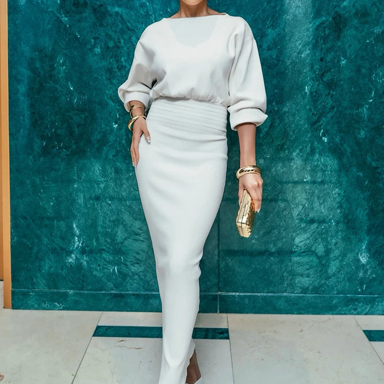 Elegant Soft Crewneck White Long Sleeveless Midi Dress for Office-Ready Chic Gown